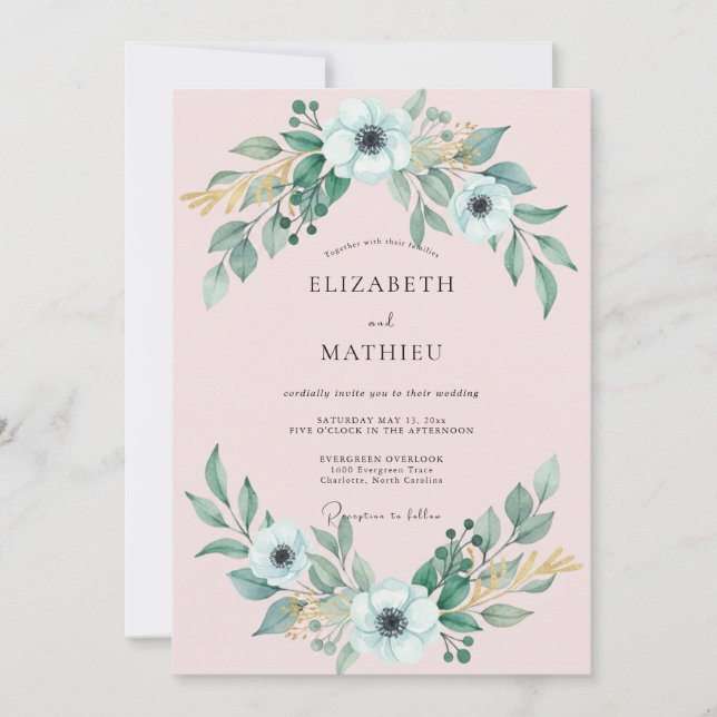 Invitation Mariage Feuillage Anémone Blanche (Devant)