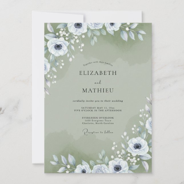Invitation Mariage Feuillage Anémone Sage (Devant)