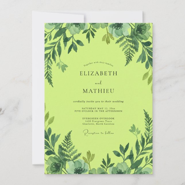 Invitation Mariage Feuillage Aquarelle Citron Vert (Devant)