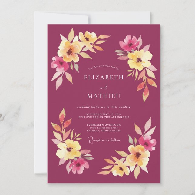 Invitation Mariage Feuillage Aquarelle Framboise (Devant)