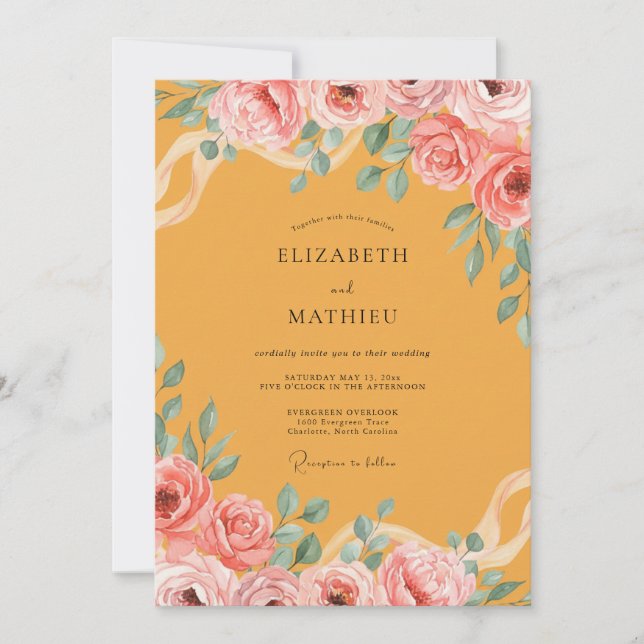 Invitation Mariage Feuillage Aquarelle Moutarde (Devant)
