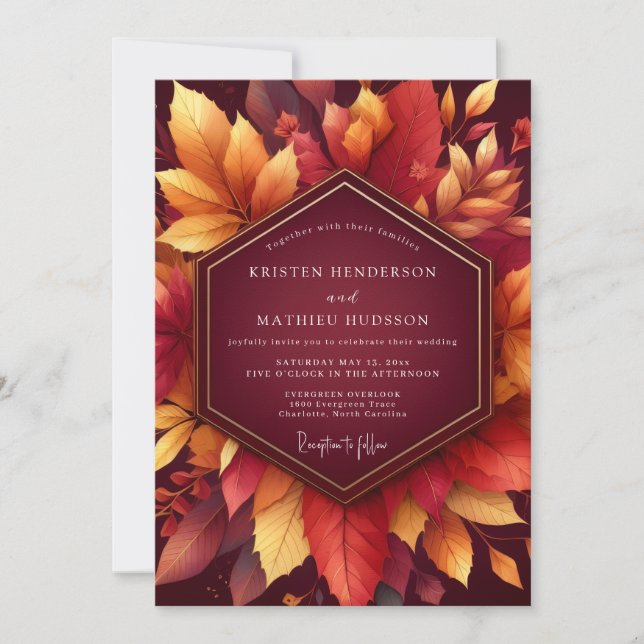 Invitation Mariage Feuillage Automnal Bourgogne (Devant)