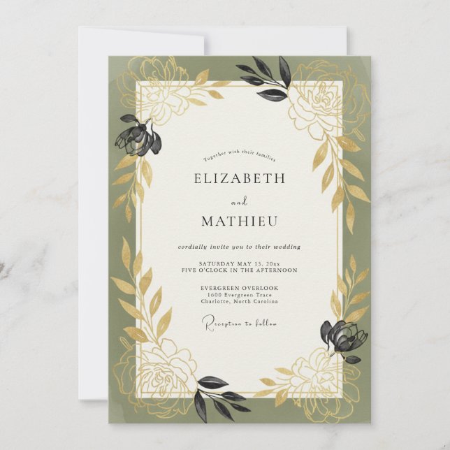 Invitation Mariage Feuillage Charbon de Bois Artisanal Olive (Devant)