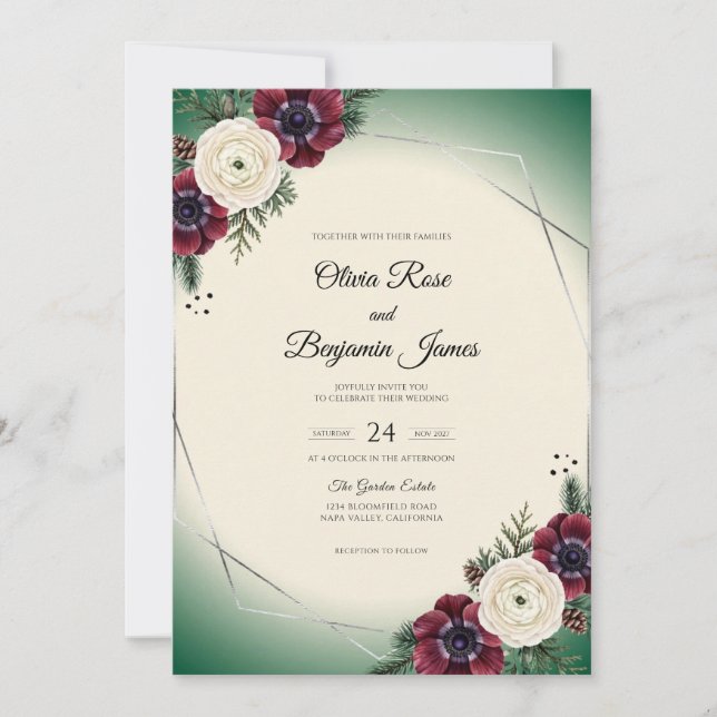 Invitation Mariage Feuillage d'Anémone Bordeaux (Devant)