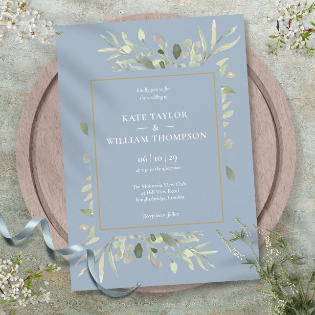 Invitation Mariage Feuillage de Verdure Botanique Bleu Poussi (Botanical Greenery Foliage Dusty Blue Wedding Invitation)