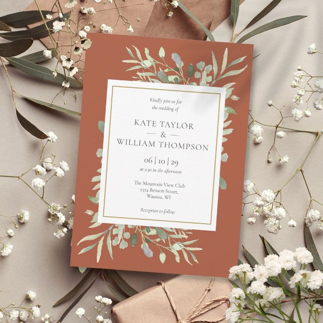 Invitation Mariage Feuillage de Verdure en Terracotta Or (Terracotta Greenery Foliage Gold Wedding Invitation)