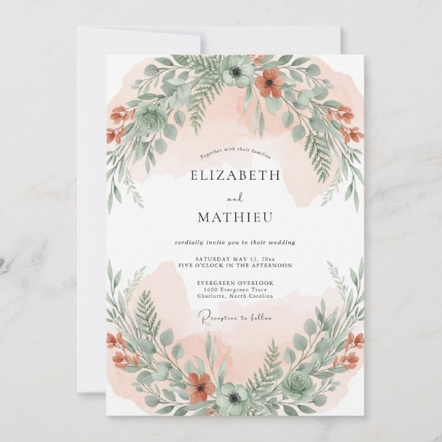 Invitation Mariage Feuillage Fougère Abricot (Devant)