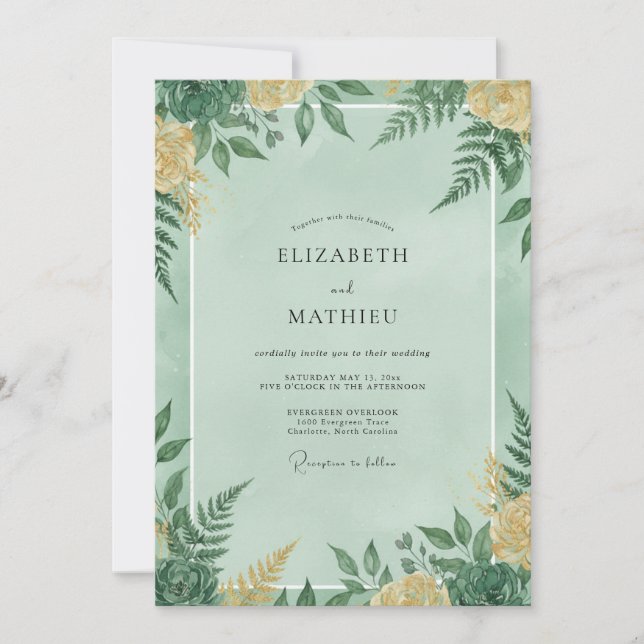 Invitation Mariage Feuillage Fougère Menthe (Devant)
