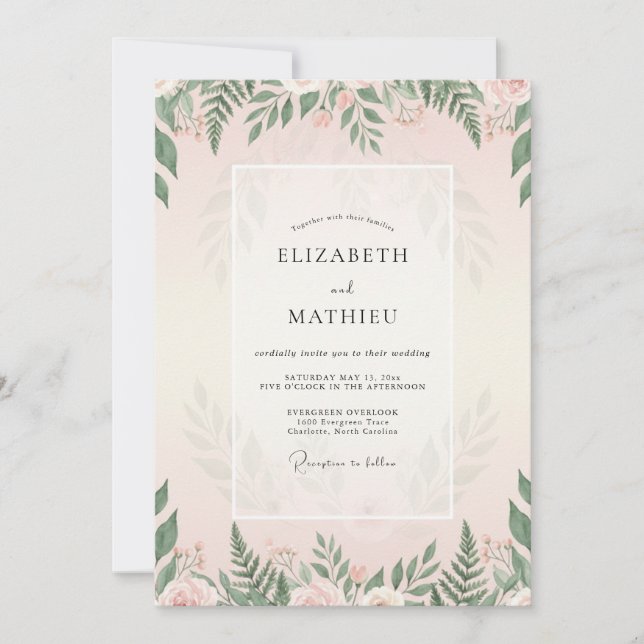Invitation Mariage Feuillage Fougère Rose (Devant)