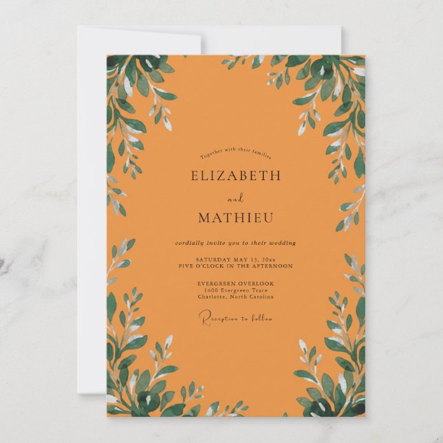 Invitation Mariage Feuillage Gris Eucalyptus Orange Brûlé (Devant)
