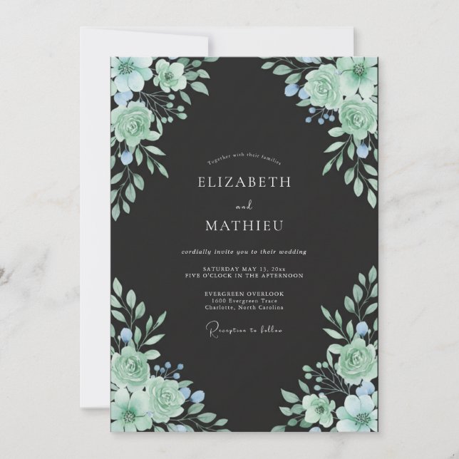 Invitation Mariage Feuillage Menthe Eucalyptus Noir (Devant)