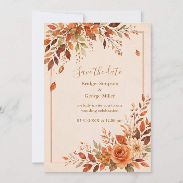 Invitation Mariage Feuillage Orange Automne Rustique  (Devant)