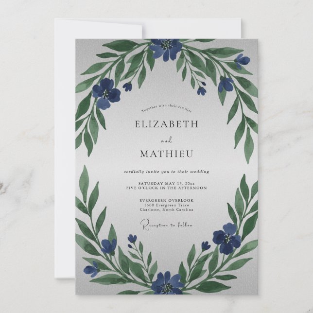 Invitation Mariage Feuillage Peint à l'Indigo (Devant)