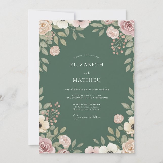 Invitation Mariage Feuillage Peint à l'Olive (Devant)