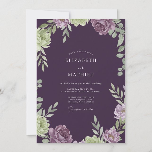 Invitation Mariage Feuillage Peint Aubergine (Devant)