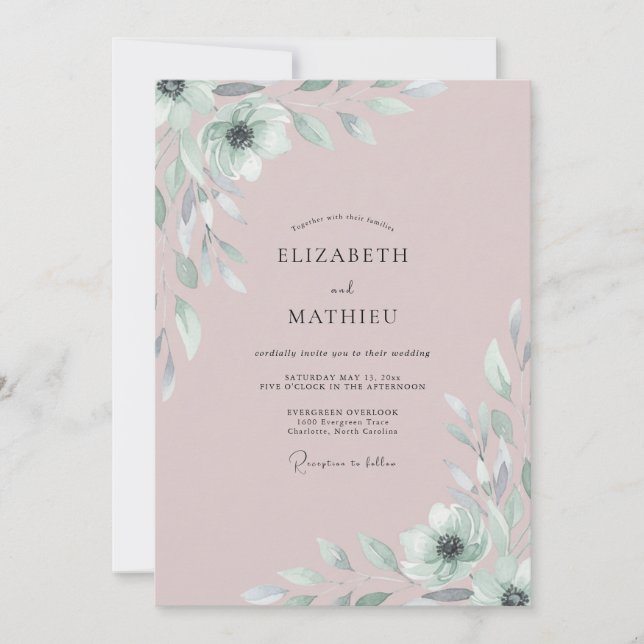 Invitation Mariage Feuillage Peint de Rosé (Devant)