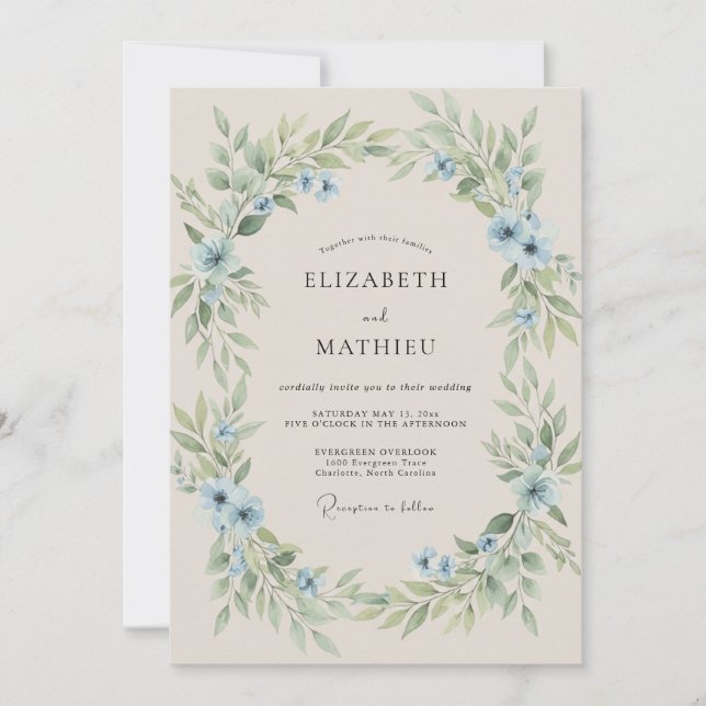 Invitation Mariage Feuillage Peint en Azur (Devant)