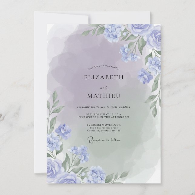 Invitation Mariage Feuillage Peint Pervenche Doré (Devant)