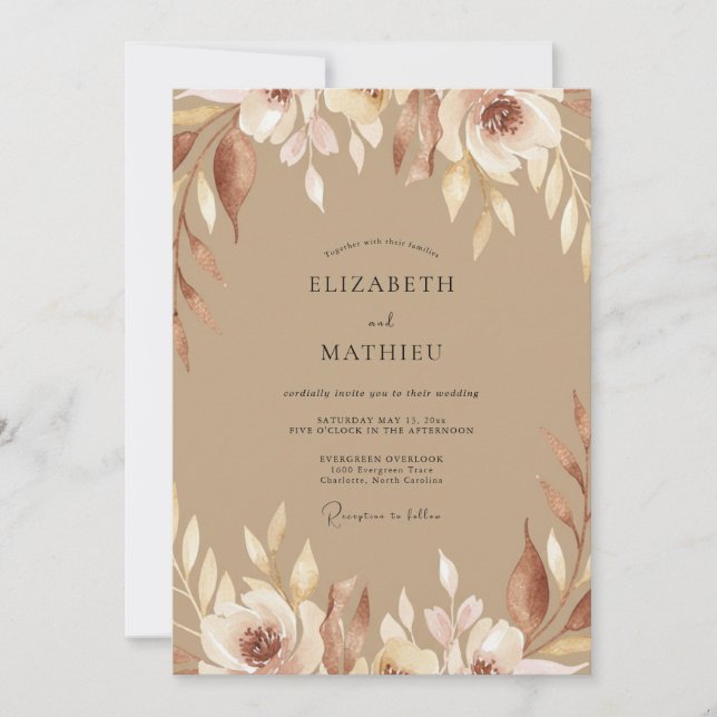 Invitation Mariage Feuillage Peint Taupe (Devant)