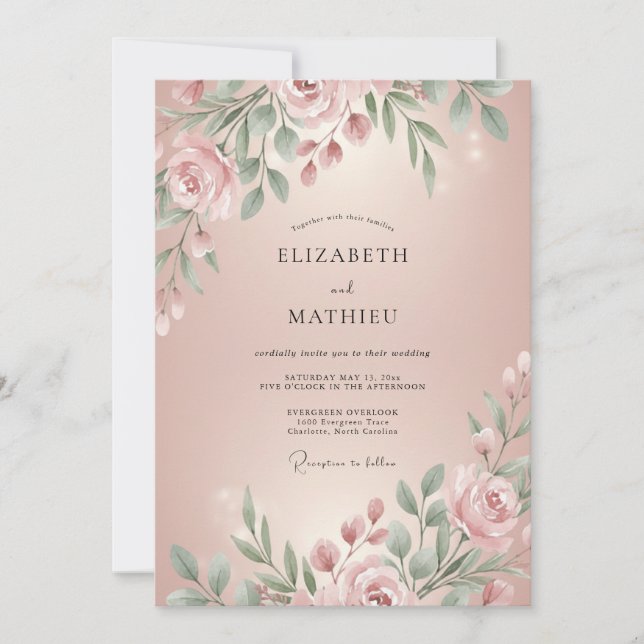 Invitation Mariage Feuillage Pétales Rougissants (Devant)