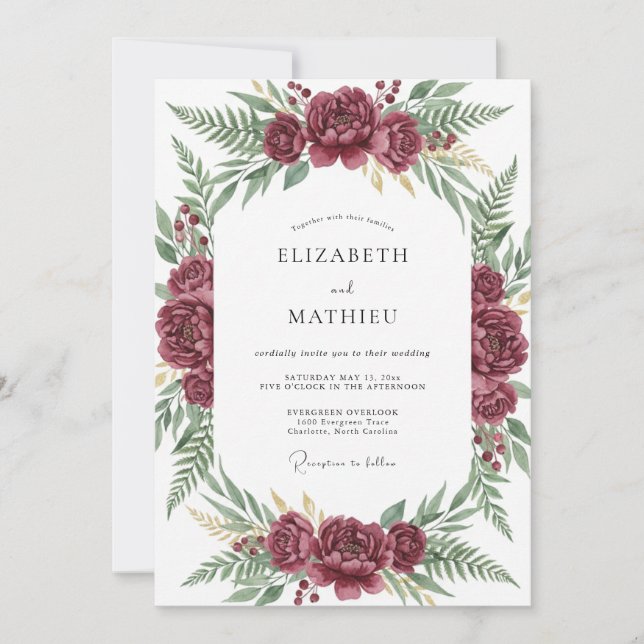 Invitation Mariage Feuillage Pivoine Baie (Devant)