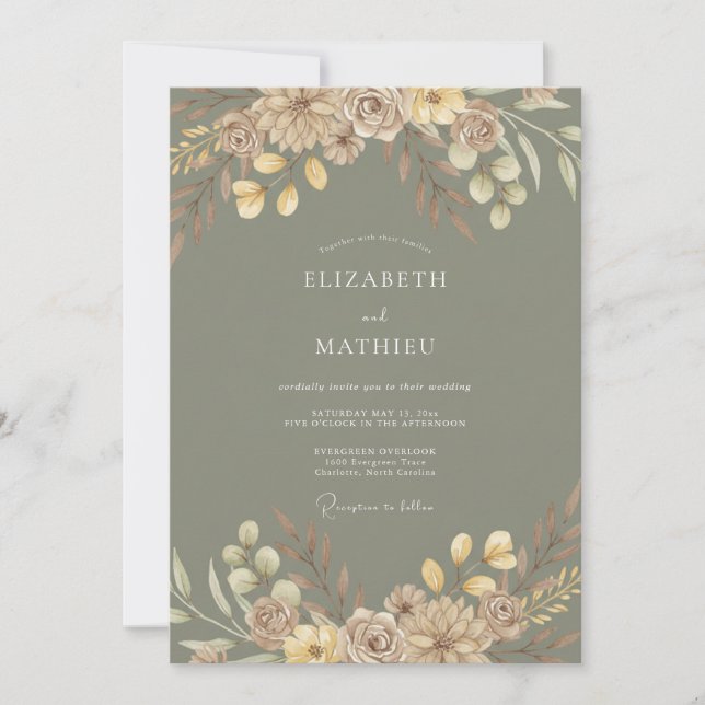 Invitation Mariage Feuillage Rustique Vert Sauge (Devant)