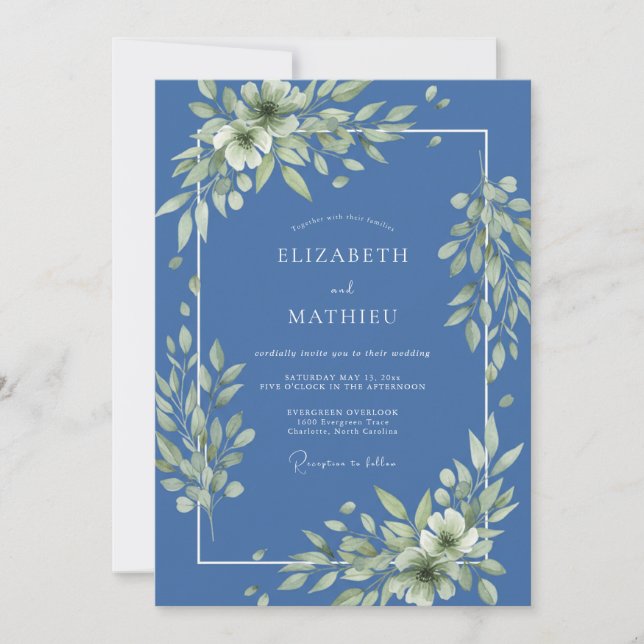Invitation Mariage Feuillage Sérène Indigo (Devant)