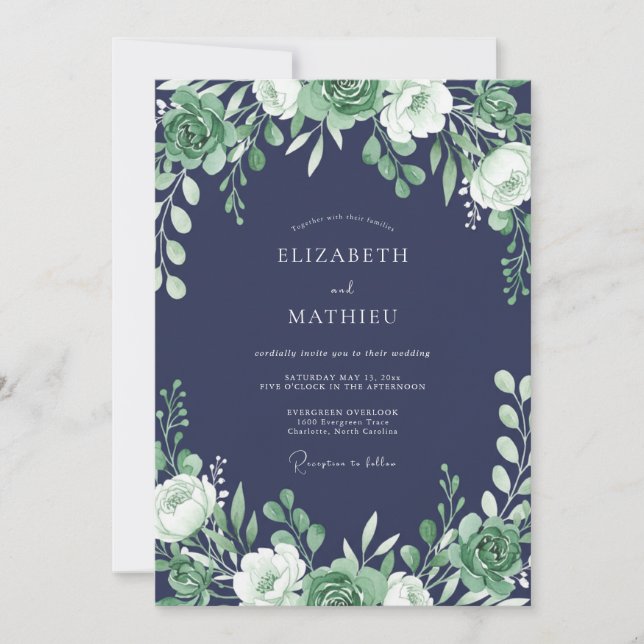 Invitation Mariage Feuillage Sérénité Navy (Devant)