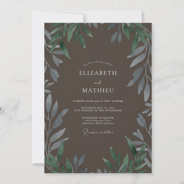 Invitation Mariage Feuillage Taupe Olive (Devant)