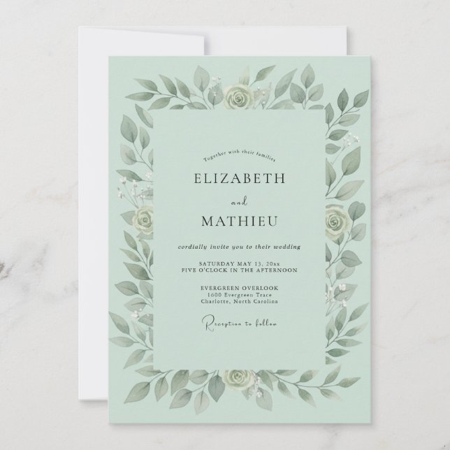 Invitation Mariage Feuillage Vert Menthe Paisible (Devant)