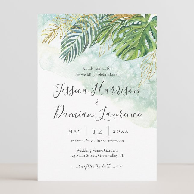 Invitation Mariage Feuillage Vert Or Feuilles Tropicales (Créateur téléchargé)