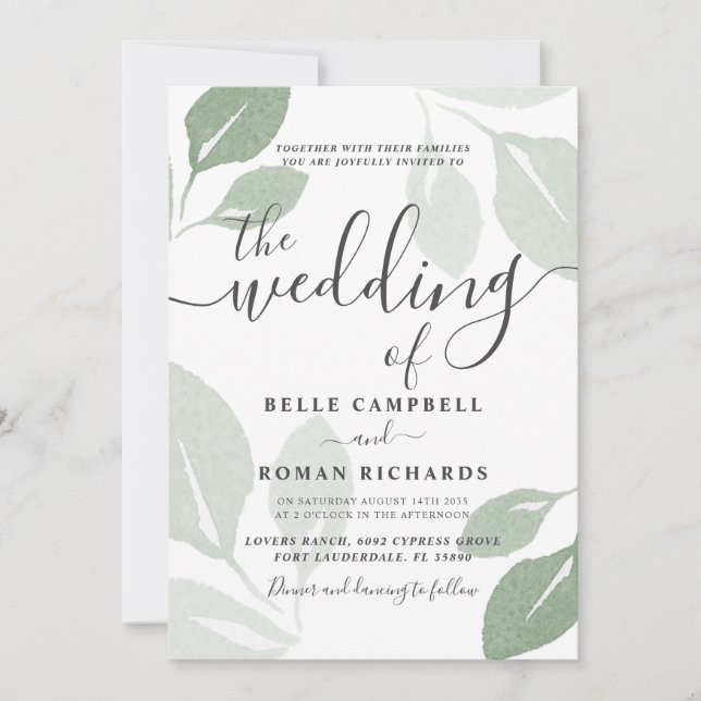 Invitation Mariage Feuillage Vert Sauge Moderne  (Devant)