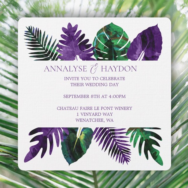 Invitation Mariage Feuille à feuilles tropicales vert, prune  (tropical plum purple & green leaves wedding invitations, monstera leaves, ferns, palm leaves)