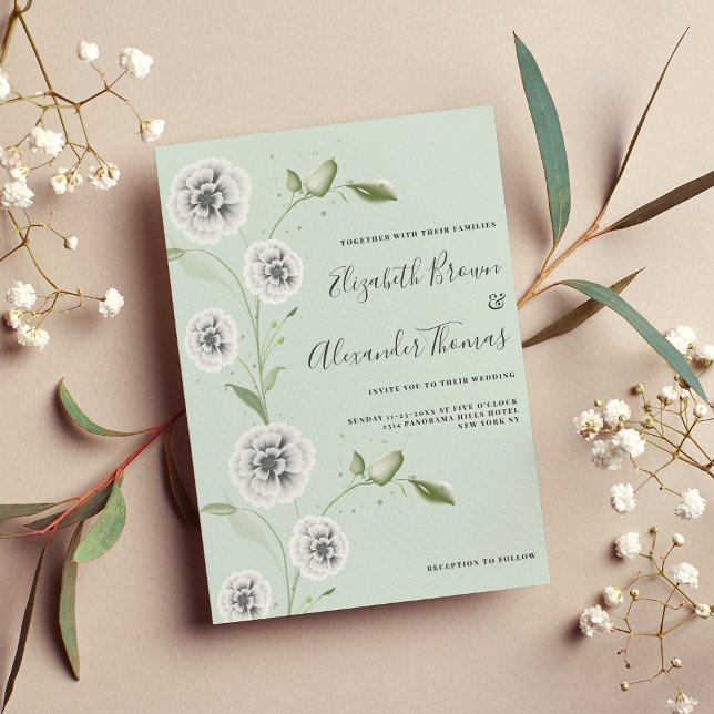 Invitation Mariage feuille à l'aquarelle de menthe blanche (White mint watercolor poppy floral leaves wedding invitation)