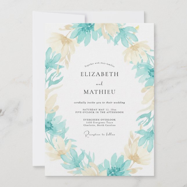 Invitation Mariage feuille aqua Champagne (Devant)