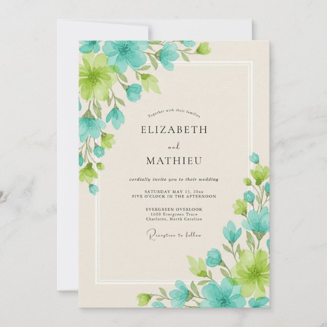 Invitation Mariage Feuille Aqua Chartreuse (Devant)
