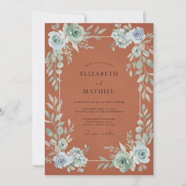 Invitation Mariage Feuille Aqua Orange Brûlé (Devant)