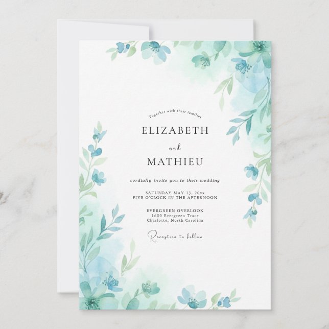 Invitation Mariage feuille Aqua Seafoam (Devant)