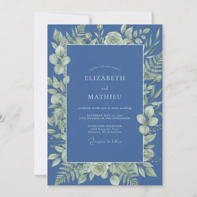 Invitation Mariage feuille aquarelle ardoise (Devant)
