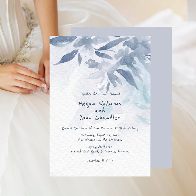 Invitation Mariage Feuille Aquarelle bleu doux (Soft Blue Watercolor Leaves Wedding Invitation - Blue Background)