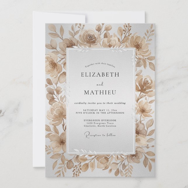 Invitation Mariage feuille aquarelle Champagne (Devant)