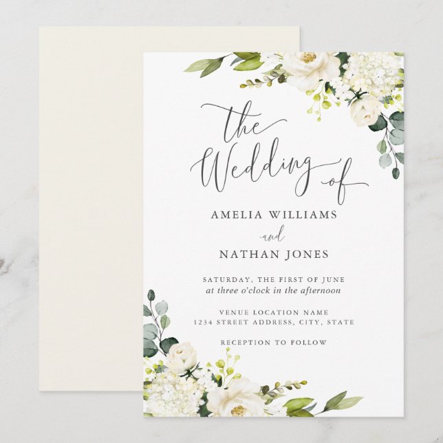 Invitation Mariage feuille aquarelle verte champagne (Devant / Derrière)