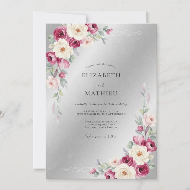 Invitation Mariage Feuille Argentée prune (Devant)