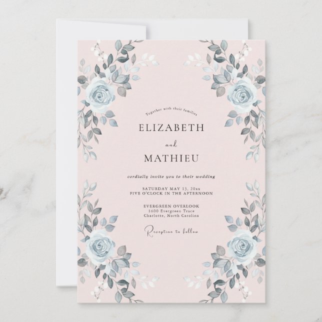 Invitation Mariage Feuille Argentée Rosée (Devant)