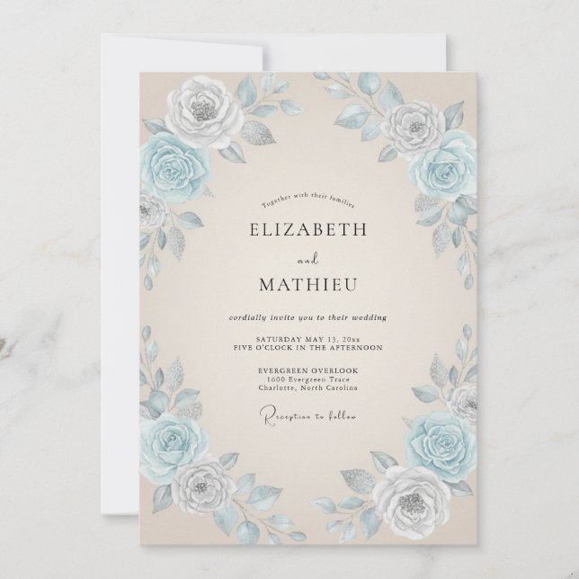 Invitation Mariage feuille azur champagne (Devant)