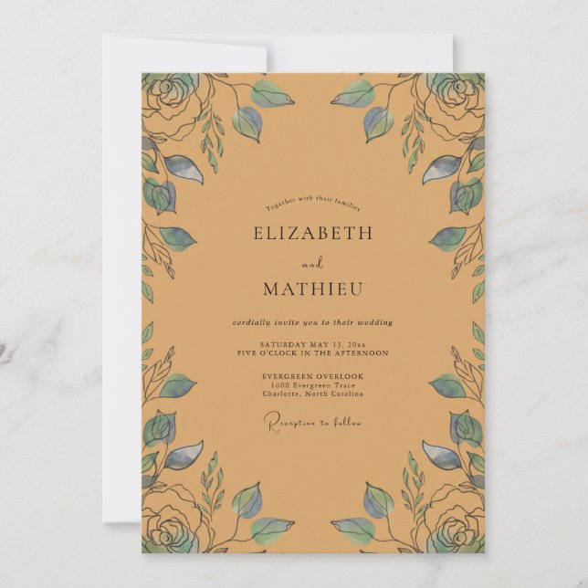 Invitation Mariage Feuille Azur Ocre (Devant)