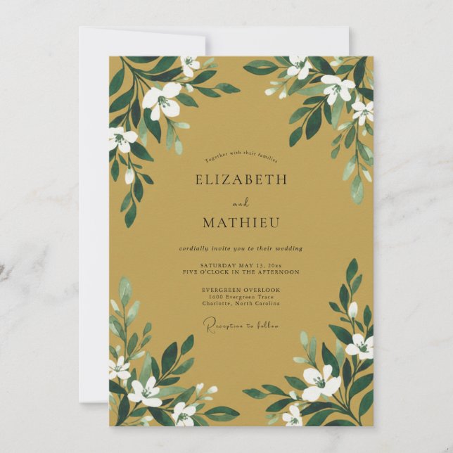 Invitation Mariage feuille blanche et moutarde ivoire (Devant)