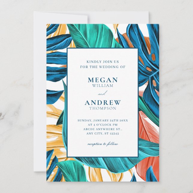 Invitation Mariage feuille bleu tropical jaune (Devant)