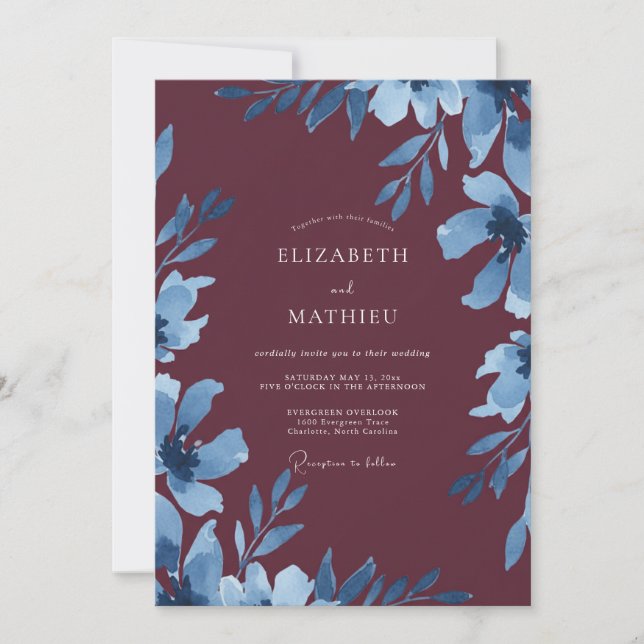 Invitation Mariage Feuille Bleuet Baie (Devant)