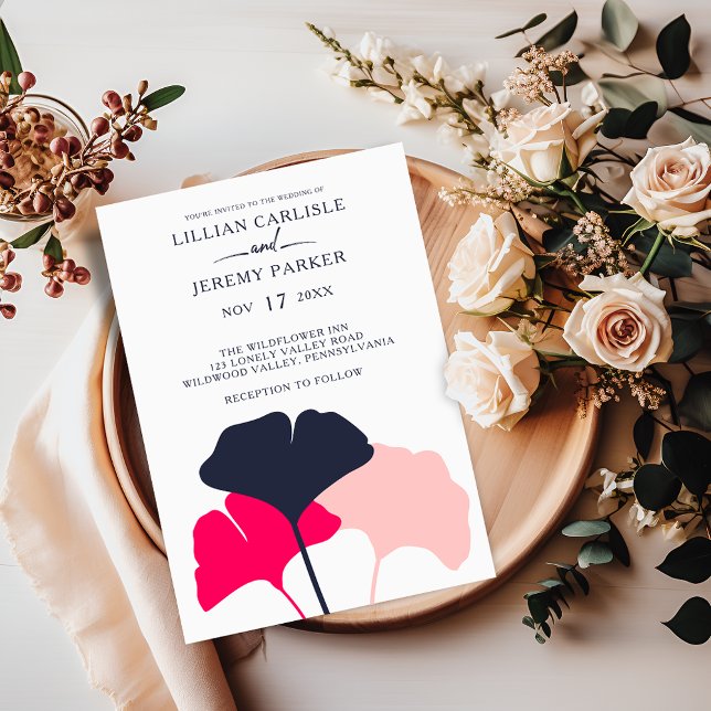 Invitation Mariage Feuille Bold Modern Navy et Pink Ginkgo (Créateur téléchargé)